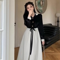 요미 브이넥 벨벳 카라 배색 허리 리본 A라인 긴팔 원피스