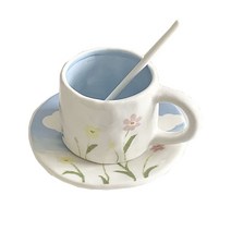 Man Ru Jiu 핸드 드로잉 세라믹 커피잔 + 컵받침 스푼 세트, 1개, 블루 + 화이트