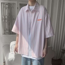 한국어 버전 스트라이프 셔츠 남성용 반팔 여름 재킷 트렌디 한 잘 생긴 캐주얼 느슨한 짧은 셔츠
