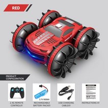 양면 수륙양용 RC 스턴트 카 2 in 1 보트 2.4GHz 360 ° 회전 LED 조명 모든 지형 선물, CHINA, red-1 controller