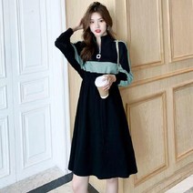 유럽 상품 반폴라 패치워크 블러킹 원피스 여성 2023 봄계절 와이드 루즈핏 슬림핏 스트랩 허리보정 미디롱