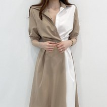 세련된 대비 색상 원버튼 반팔 카라 롱원피스 하객룩