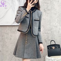 셀럽당 여성용 모던 라운드 긴팔 크롭자켓+A라인 셔링 미니스커트 투피스 봄 가을 세미정장 세트 F01517