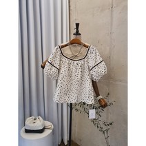 [여름신상 무배] 팝콘 블랙 자수 스퀘어넥 리본 반팔 블라우스