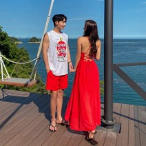 신혼여행 커플룩 레드 백리스 원피스 허니문 시밀러룩 OP18967F