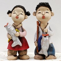 여주 도자기 전통 토기 선물 인테리어 인형 세트, 낚시하는아이들