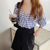 코지 여자 여름 색감좋은 파스텔톤 캔퍼스룩 7부 체크 블라우스