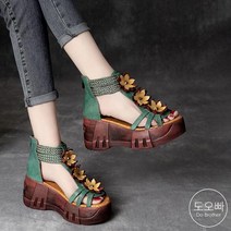 도오빠 여성 키높이 샌들 7cm 밴딩 웨지힐 뒷지퍼 꽃 레트로 통기성 여름 여자샌들
