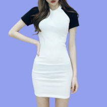 나그랑 반팔 미니 라인 원피스 여름 슬림 라운드 배색 화이트