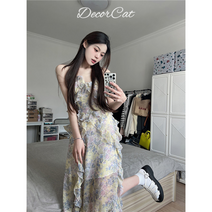 플라워 나시 원피스 민소매 v넥 프릴 롱스커트
