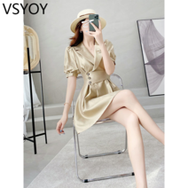 vsyoy 원래 디자인 느낌 틈새 샴페인 정장 칼라 드레스 여성 여름 기질 높은 허리 작은 남자