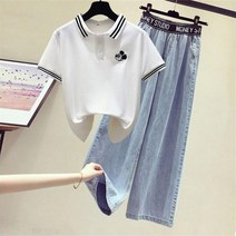 꽃소담 여성 반팔티셔츠+와이드청바지 투피스 데일리 상하세트 QQA38
