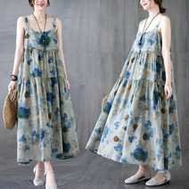 Allo Fu 루즈 빅 사이즈 면 마 원피스 프린트 나시 스커트