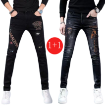 1+1가을 블랙 자수 청바지 남자 스판 캐주얼 청바지