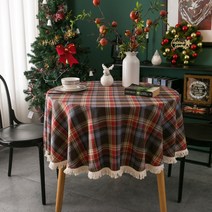 그루브 식탁보 크리스마스 레이스 3인용 식탁 커버 식탁비닐 빈티지 캠핑 테이블보, 90라운드, 커피 레드 짠 격자 무늬 흰 수염