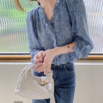 블라우스 여성 쉬폰 프릴 칼라 꽃 프린트 랜턴 슬리브 한국 스타일 스위트 레이디 우아한 레저 부드러운 패션 셔츠