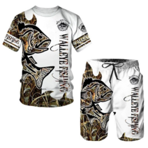 여름낚시복남성용 티셔츠 세트 3D 낚시 아트 프린트 오버사이즈 및 반바지, 02 WHITE