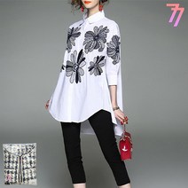 77우먼스 여성 꽃드레셔츠 2컬러 봄 여름 꽃무늬 자수 카라 롱셔츠 루즈핏 코디 데일리룩 데이트룩 이월 이월상품 꽃드레 셔츠 [리현커머스]