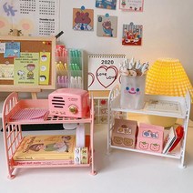 칼라 2단 미니 수납 선반 책상정리 무타공선반 장식대 팬트리선반 ㄷ자 문구 식탁정리대 네일진열장, 핑크
