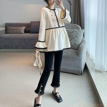 아디핏걸 먼더 라운드 배색라인 러플 블라우스 루즈 임산부복