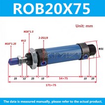 유압 실린더 20 보어 스트로크 255075100200 미니 오일 실린더 롭 유압 원형 14, 03 ROB20X75