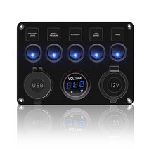 디지털 전압계와 LED 로커 스위치 패널 자동차 해양 보트 듀얼 USB 포트 12V 콘센트 조합, CHINA, 5GangBlue