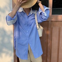 안녕릴리 여성 배색 포인트 소매 스트라이프 셔츠