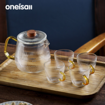 ONEISALL 골지 티포트 티팟세트 직화내열 다구 이지그립 내열유리 1세트, 800ml+컵 4개+티접시