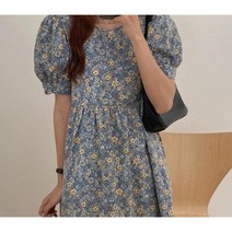 빈티지 베이지 긴 꽃 주름 드레스 여성 여름 라운드 칼라 오버핏 높은 허리 라인 미디