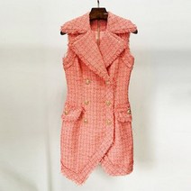 결혼식 트위드 하객 원피스 화이트 핑크 느슨한 수염 민소매 정장 칼라 더블 브레스트 불규칙한 미니 가을 패션