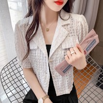 안나리야 체크 자켓 크롭 반팔 아일렛 코튼 숏 블라우스 YJ