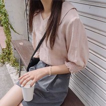 로로텐 체크 빅카라 블라우스 언발 5부 반팔 브이넥 빅사이즈
