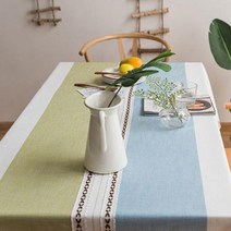 마벨인홈 북유럽 스타일 고급 린넨 식탁보, 블루그린매듭+태슬, 정사각형(140cm x 140cm)