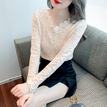 레이스 블라우스 여 긴팔 이너 양가죽 봄가을 브이넥 디자인 느낌 레깅스