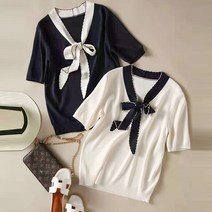 다이뻐 DAIBBU 프렌치시크 신축 배색 리본여름 데일리 얇은 에어컨 시원한 쿨 쎄미정장 반팔니트 반팔티 여름휴가 리조트룩 쉬운코디