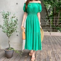 퍼니걸스 6497 오프숄더 밴딩 스모크 캉캉 플레어 반팔 롱 원피스 여성의류