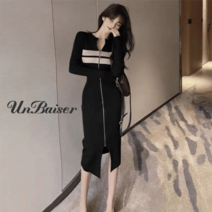UNBAISER 여성 힙업 슬림핏 지퍼 골지 스판 니트 원피스
