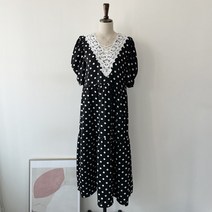 여성 레이스 셔링 반팔 도트 루즈핏 롱 원피스 2컬러 빅사이즈 체형커버