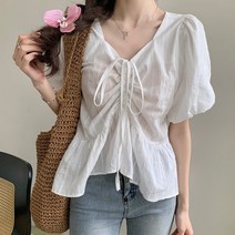 [1015마켓][#장마템#팔뚝살커버]아일렛 스트링 셔링 블라우스