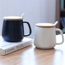 기타 원목 뚜껑있는 도자기 스푼 머그컵 420ml 커피잔 찻잔, 화이트