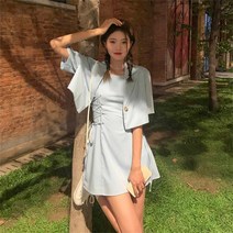 K.ONLINE SHOP여자 여름 양복 멜빵원피스 두벌이한세트 정장 여성오피스룩 여성정장세트 여성정장