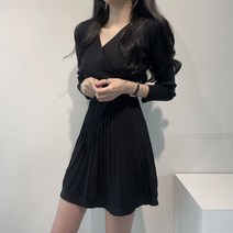 고퀄 브이넥 랩 니트 플레어 허리 끈 원피스