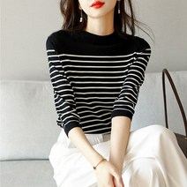 니트 라운드 반팔 여성용 스트라이프 7부 소매 티셔츠 루즈핏 슬림 심플 상의