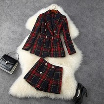 트위드 손담비 활주로 패션 겨울 오피스 레이디 파티 복장 여성 턴 다운 칼라 빈티지 격자 무늬 모직 블레이저 및 반바지 정장 세트 | 여성 세트
