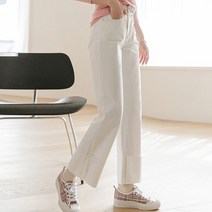 스타일온미 롤링스티치 캐주얼 롤업 세미 와이드 면 데님 팬츠