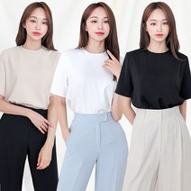 여성티블라우스 여자 여름 라운드 블라우스 반팔 화이트 베이지 블랙 기본 실키 심플