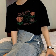 패스타임 여성 반팔 티셔츠 여름 오버핏 플라워 프린트 라운드 베이직 면티