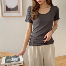 여자 쫄티 U넥 슬림 반팔 솔리드 민무늬 티셔츠