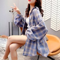 스몽 여성 루즈핏 체크 롱 셔츠 봄 여름 가을 남방