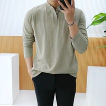로니제이 남자 슬라브 워싱 단추 차이나 헨리넥 긴팔 티셔츠